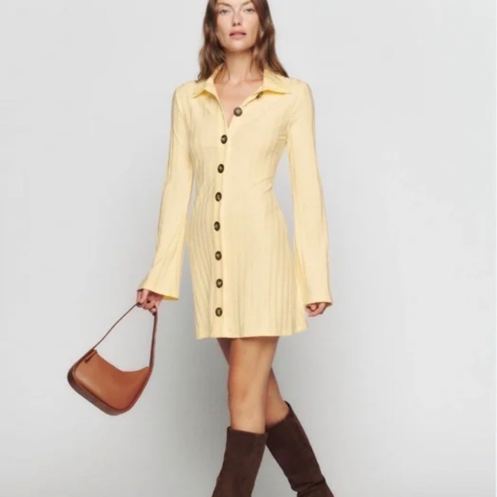 Reformation BENTON KNIT Butter Yellow Peasant Sleeve Dress, Size Large